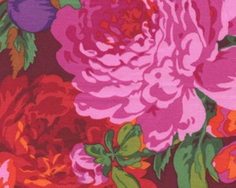 May include: Close-up of a floral fabric featuring large, vibrant pink and red peony blooms. The design includes green leaves, purple fruit, and orange accents against a deep burgundy background. This textile is suitable for various craft projects.