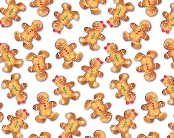 May include: A white background with a repeating pattern of gingerbread people. The gingerbread people are brown with white icing and red and green decorations.