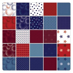 May include: A grid of twenty-five fabric swatches in shades of red, white, and blue. Patterns include fireworks, polka dots, stars, and geometric designs. The swatches are arranged in a square, showcasing a variety of patriotic-themed textiles.