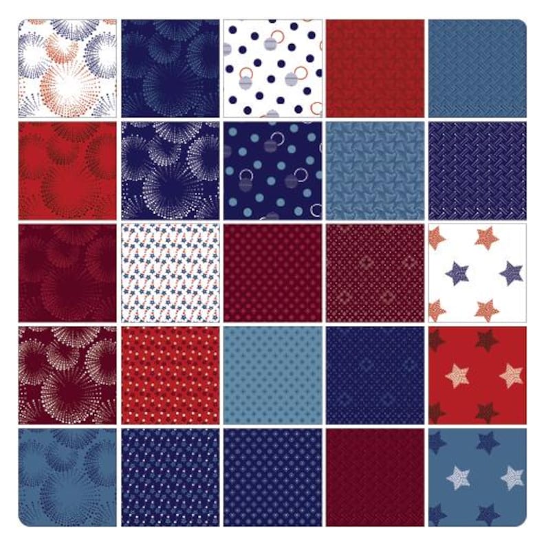 May include: A grid of twenty-five fabric swatches in shades of red, white, and blue. Patterns include fireworks, polka dots, stars, and geometric designs. The swatches are arranged in a square, showcasing a variety of patriotic-themed textiles.