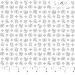 May include: A white fabric with a repeating pattern of small gray diamonds and stylized gray stars.