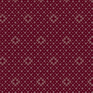 May include: A seamless pattern featuring a deep burgundy background with a repeating design of small white dots and diamond-shaped floral patterns. The design is symmetrical and creates a visually appealing texture.