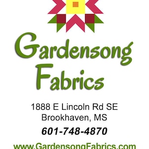 May include: White background with the text "Gardensong Fabrics" in green script. A colorful geometric design is at the top. The image also includes the business address, phone number, and website.