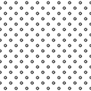 May include: A repeating pattern of small, black daisy-like flowers on a white background. The flowers are evenly spaced, creating a simple, yet visually appealing design. This pattern is suitable for various applications, such as fabric or wallpaper.