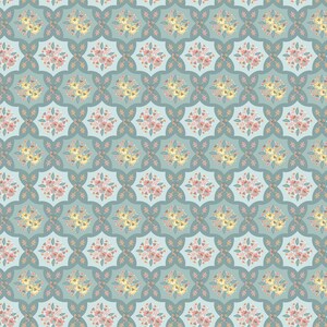 May include: A repeating pattern featuring floral bouquets in shades of pink, yellow, and peach, set against a light teal backdrop. The design has a symmetrical, geometric arrangement with a vintage aesthetic.