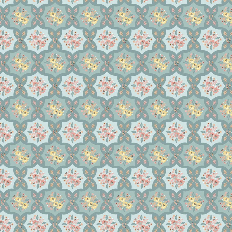 May include: A repeating pattern featuring floral bouquets in shades of pink, yellow, and peach, set against a light teal backdrop. The design has a symmetrical, geometric arrangement with a vintage aesthetic.