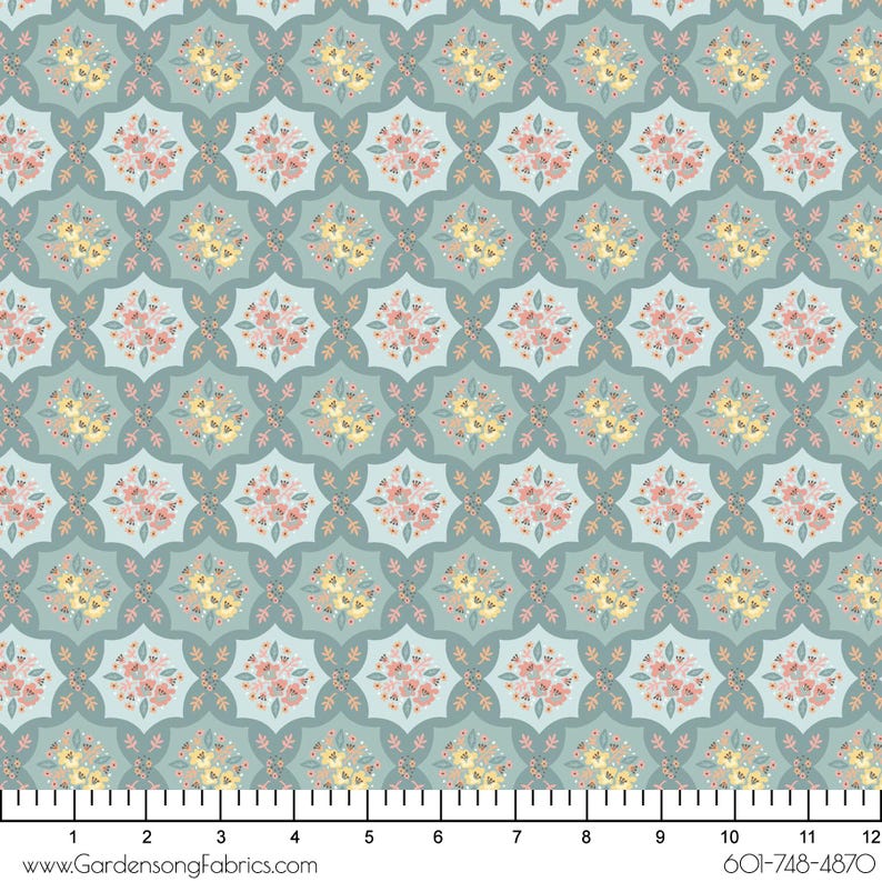 May include: A repeating pattern of floral bouquets in shades of pink, yellow, and peach, set against a light teal background. The design features a symmetrical arrangement of flowers within a geometric, quatrefoil-like shape. The fabric has a ruler at the bottom with the text "www.GardensongFabrics.com".