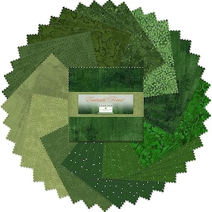 May include: A collection of green fabric squares arranged in a circular pattern. The fabrics vary in shades and patterns, from solid to floral and dotted designs. A label in the center reads "Emerald Forest".