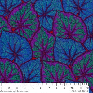 May include: Fabric with a repeating pattern of stylized begonia leaves. The leaves are primarily blue and purple with green accents and red veins. The fabric has the text "COLLECTIVE for Jean Savage #PWPJ018 Begonia Leaves" and a ruler along the bottom.