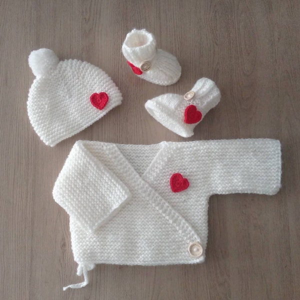 Ensemble layette laine mérinos OEKO TEX brassière tricoté main bonnet bébé chaussons bébé ensemble layette