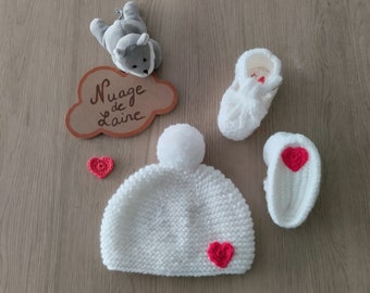 Ensemble bonnet chaussons bébé, laine OEKO-TEX, layette fait main tricot, cadeau naissance ,