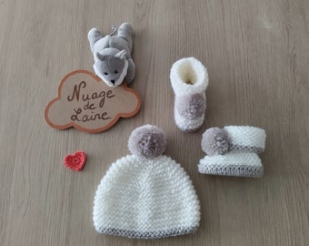 Ensemble bonnet chaussons bébé, laine OEKO-TEX, layette fait main tricot, cadeau naissance ,