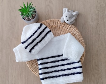 Babyausstattung, Matrosenpullover, Matrosenmütze, Matrosenset, OEKO TEX Acryl, Geschenk zur Geburt, Frühchen