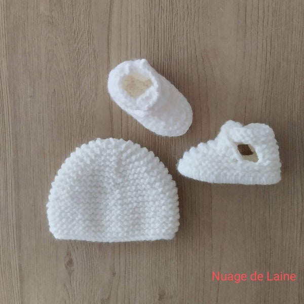 Ensemble bonnet chaussons bébé / laine OEKO-TEX / layette fait main tricot /cadeau naissance ,