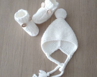 Béguin bébé / bonnet bébé fille / bonnet bébé garçon / chaussons bébé / tricot fait main / laine OEKO-TEX / layette / cadeau naissance /