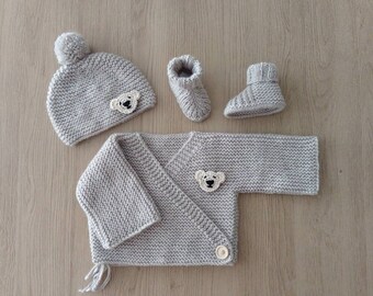 Ensemble naissance bébé bonnet bébé chaussons bébé laine OEKO TEX made in France cadeau naissance coffret naissance