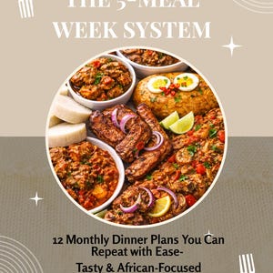 Può includere: Grafica beige che promuove "The 5-Meal Week System" con vari piatti di ispirazione africana. L'immagine include il testo "12 Piani Mensili per la Cena Che Puoi Ripetere con Facilità - Gustosi e incentrati sull'Africa" e il sito web "MealsPerWeek".