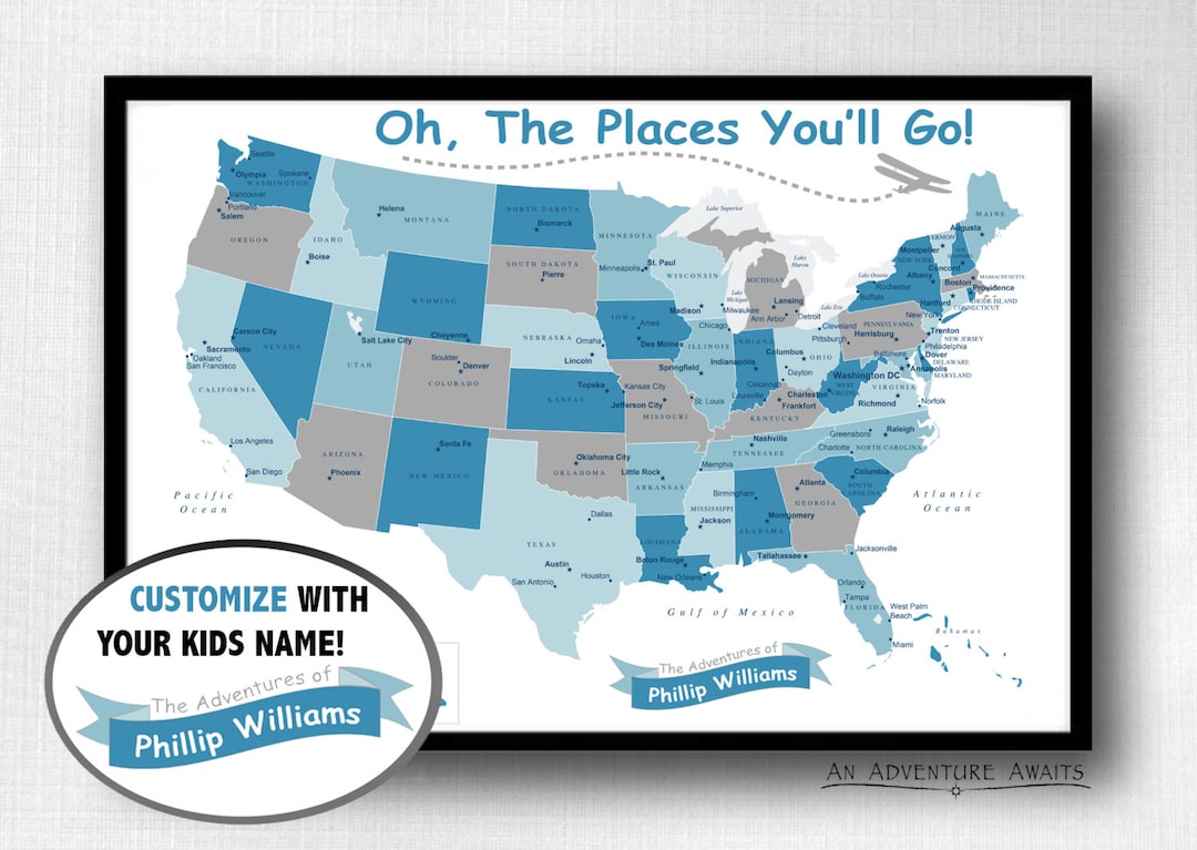 Children's USA Travel Map (print Only), Oh the Places You'll Go, Push Pin Map, Travel Board ...