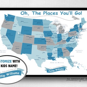 USA Kinder-Reisekarte (nur Druck), Oh The Places You'll Go, Pin Pin, Reisetafel, Kinderzimmer Dekor, Kinderzimmer Dekor - #USA-006