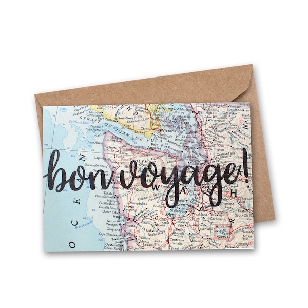 bon voyage! Card - Vintage Map Card - Going Away Card - College Card - Leaving Card - Goodbye Card - Travel Card - World Map Card - VM-011