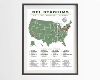 Lista kontrolna stadionu futbolowego NFL | Lista marzeń | Stadion futbolowy | Plakat z trasą zwiedzania stadionu | Mapa USA | Prezent na Dzień Ojca | Prezent dla męża USA-010