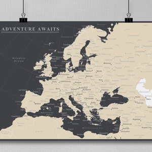 Mapa de Europa con chinchetas (solo impresión), mapa de viaje, póster, tablero de viaje, regalo de boda o aniversario #Europe-001