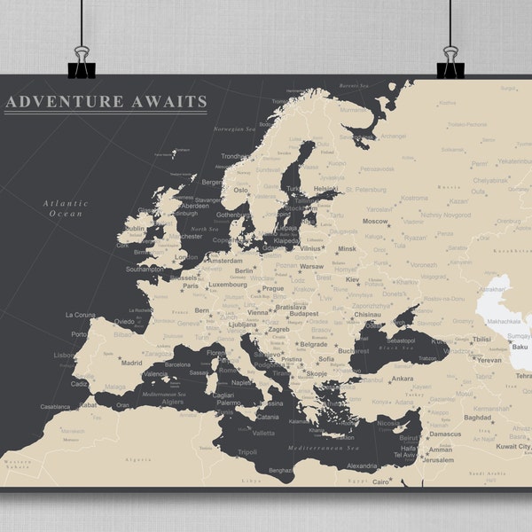 Europa Push Pin Map (alleen printen), reiskaart, kaartposter, reisbord, bruiloft - jubileumcadeau #Europa-001
