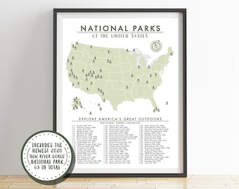 National Parks Map of the United States - 63 Parks Checklist - American National Parks - Outdoor Map - Hiking Map - Adventure Map - USA-012