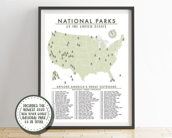 National Parks Map of the United States - 63 Parks Checklist