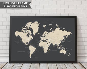 Mapa mundial de pines de empuje de 18x24 con marco y 100 pines de empuje, mapa de viaje, póster de mapa, tabla de viajes, boda - regalo de aniversario, regalo del Día del Padre