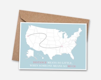 I Miss You - Long Distance Map Card, State to State, Travel Card, Love Card, USA Card, Custom Card, Blank Card, USA Card-002