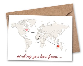 Envío de amor desde el MUNDO - Etiqueta engomada del corazón de bricolaje, tarjeta de mapa de larga distancia, estado a estado, tarjeta de viaje, tarjeta de amor, tarjeta personalizada, tarjeta en blanco, GC-007