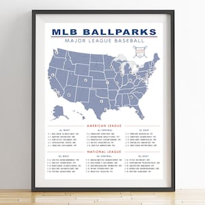 May include: Framed print titled "MLB Ballparks" showing a map of the USA with baseball stadium locations. The print lists American and National League teams, with their locations and years. The frame is black.