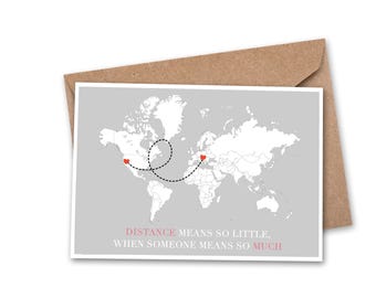 Tarjeta de "Te extraño", larga distancia, relación, mapa del mundo, viajes, amor, personalizada, a kilómetros de distancia