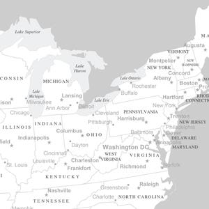 May include: A grayscale map of the northeastern United States, highlighting states and major cities. The map includes labels for states like New York, Massachusetts, and Pennsylvania, as well as the Great Lakes.
