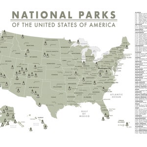 May include: A map of the United States showing the locations of all 63 National Parks. Each park is marked with a green tree icon and a number. The map includes the names of each state and the surrounding bodies of water. The map is titled "National Parks of the United States of America".