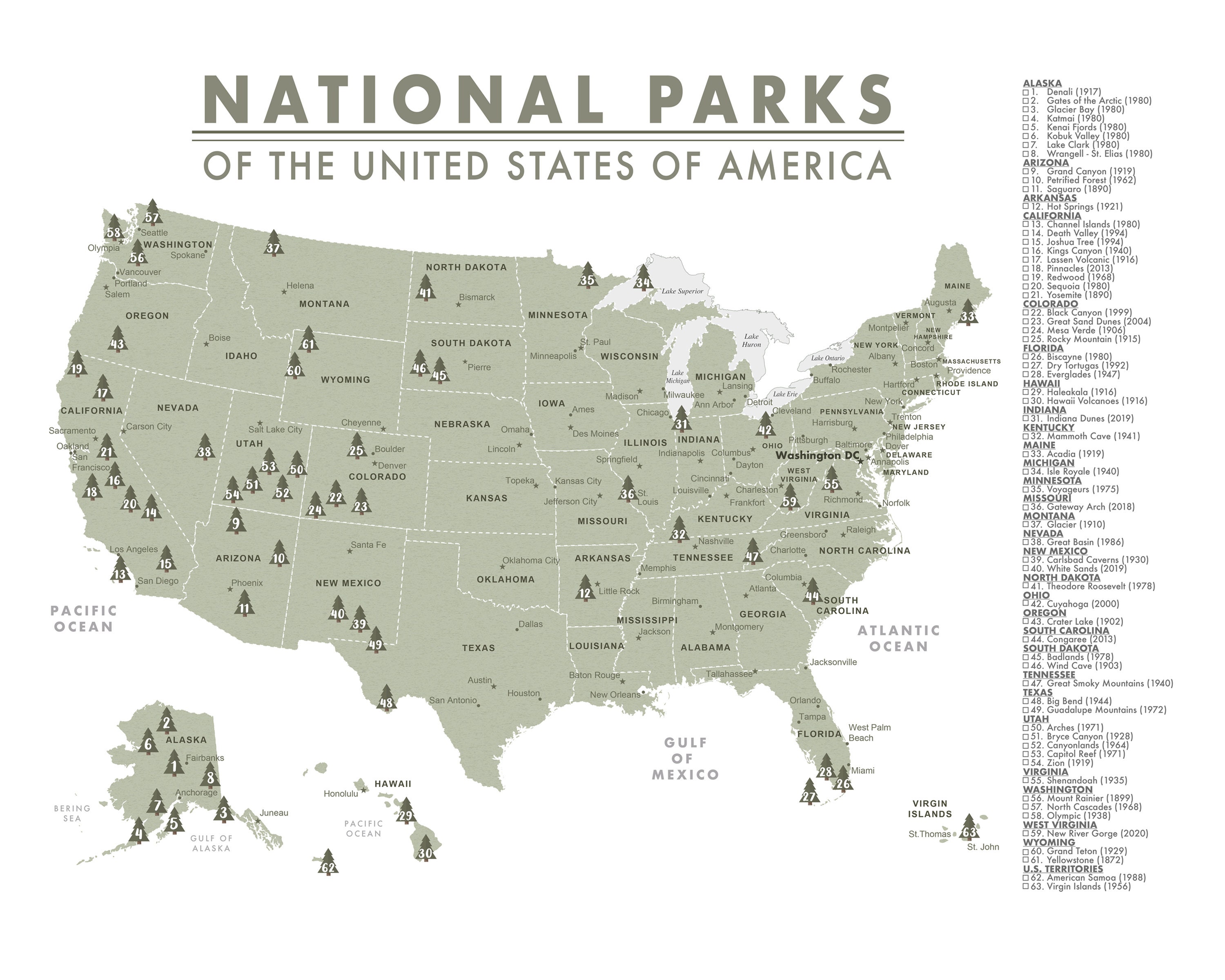 Detailed 63 National Parks Map of the United States Parks Etsy UK