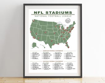 Lista kontrolna stadionu futbolowego NFL | Lista marzeń | Stadion futbolowy | Plakat z trasą zwiedzania stadionu | Mapa USA | Prezent na Dzień Ojca | Prezent dla męża USA-010