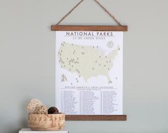 18x24 National Parks Checklist Canvas Hanging Print - Wooden Hanging Frame - 63 National Parks - Framed Map - Hiker Gift - Gift for Traveler