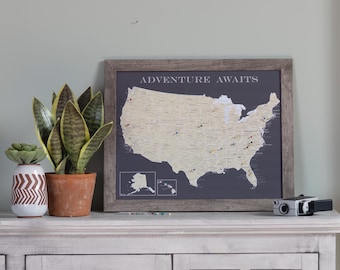 Customizable USA Framed Travel Map w/ 50 Push Pins | Push Pin Travel Map | Road Trip Map | Travel Board | Wedding Gift | Outdoors
