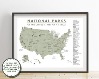 Detailed 63 National Parks Map of the United States - Parks Checklist - American National Parks - Outdoor Map - Hiking Map - Adventure Map