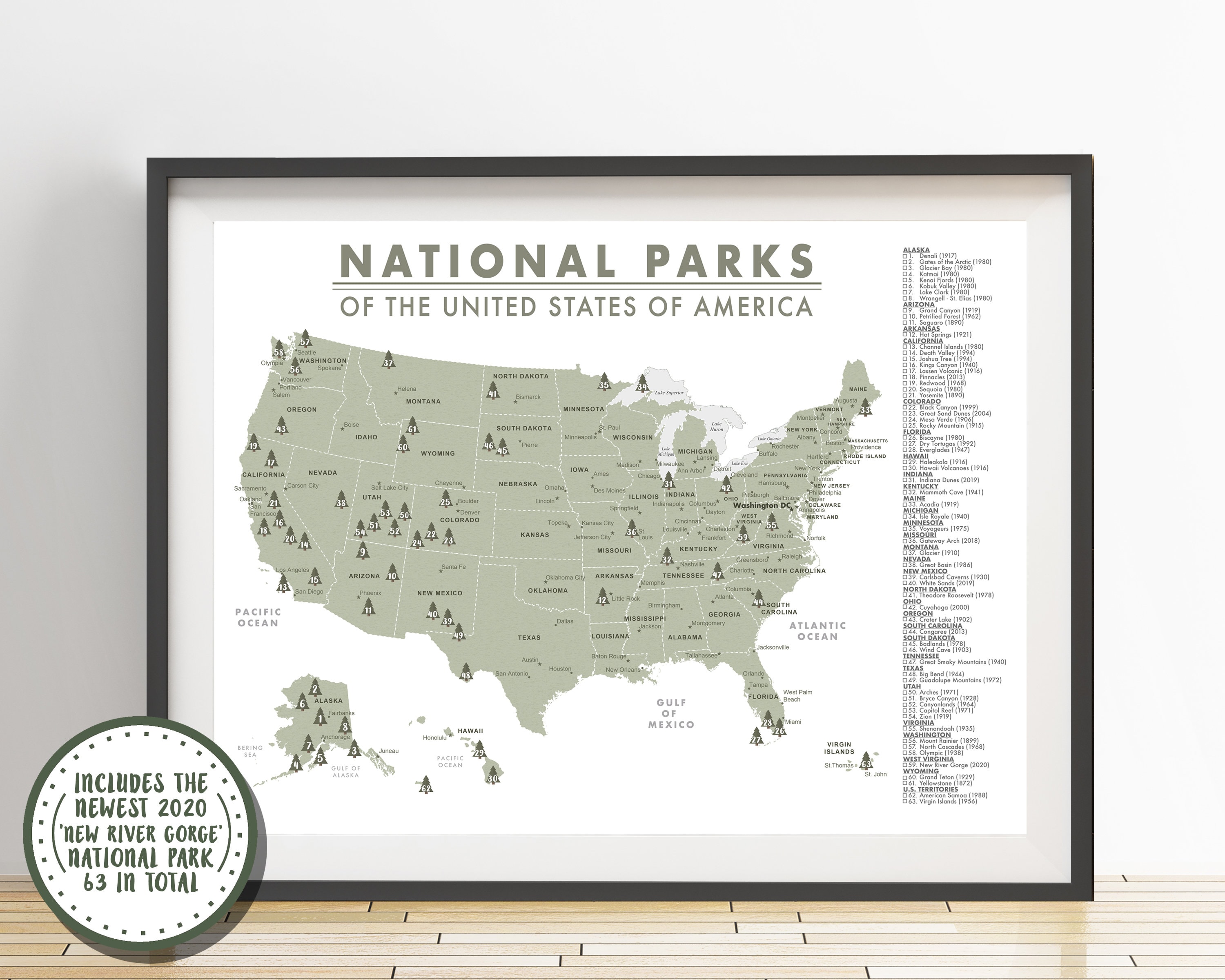 Detailed 63 National Parks Map of the United States - Parks