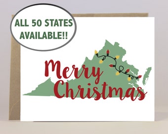 Choose any State Merry Christmas Xmas Lights Card. Christmas Card Set - State Xmas Card Set - Map Card - Distance Card - Travel Stationery