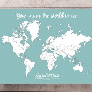 Bruiloft gastenboek wereldkaart print met namen en datum, gepersonaliseerde reiskaart, kaartposter, bruiloft - jubileumcadeau, bord bruiloft boek