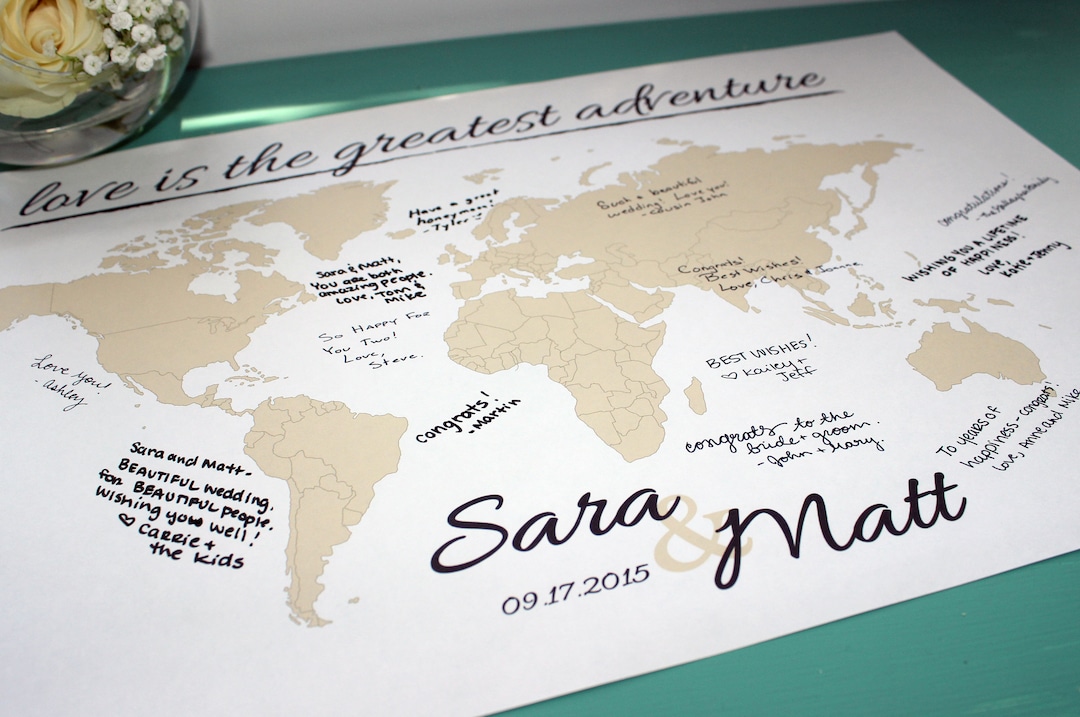 Wedding Guestbook World Map Print With Names &amp; Date, Personalized ...