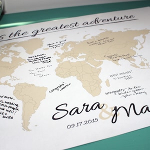 Bruiloft gastenboek wereldkaart print met namen en datum, gepersonaliseerde reiskaart, kaartposter, bruiloft - jubileumcadeau, bord bruiloft boek