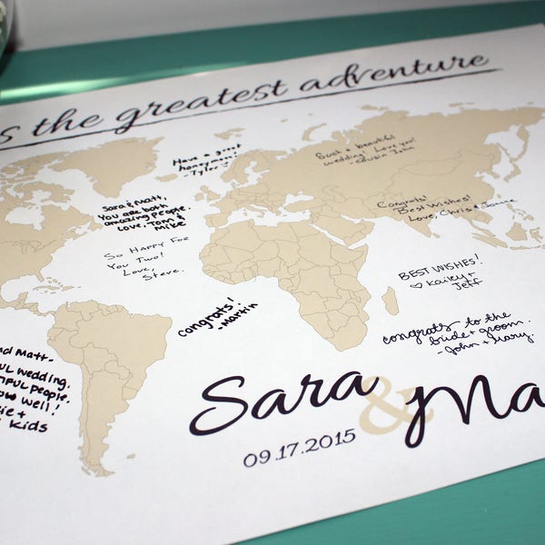 Wedding Guestbook World Map Print with Names & Date, Personalized Travel Map, Map Poster, Wedding - Anniversary Gift, Wedding Book Sign