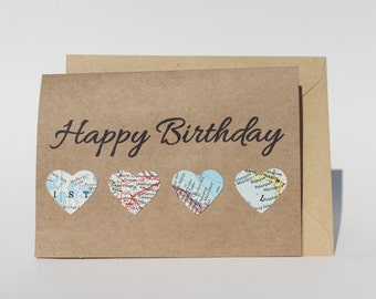 Happy Birthday Card - Vintage Map Card - Travel Card - Map Hearts - Map Card - Kraft Card