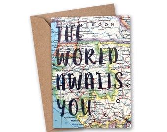 The World Awaits You Card - Graduation Card - Farewell Card - Congratulations Card - Love Card - Travelers Card - Vintage Map Card - VM-010