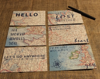 Vintage Map Notecards with Inspirational Quote -  Map Postcard Set - Map Stationery